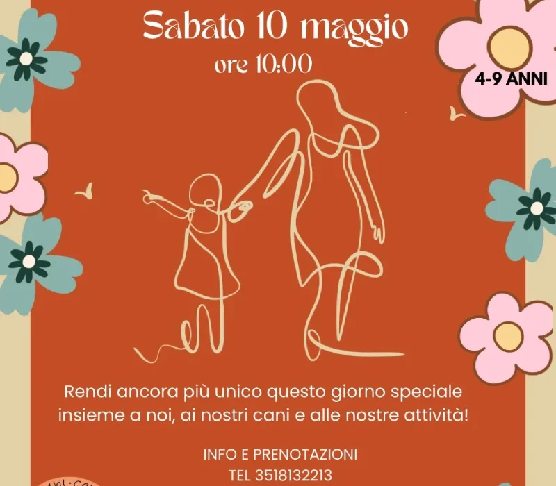 Locandina dell'evento Festa della Mamma 2025 presso l'asilo diurno per cani Madilla a Bergamo.