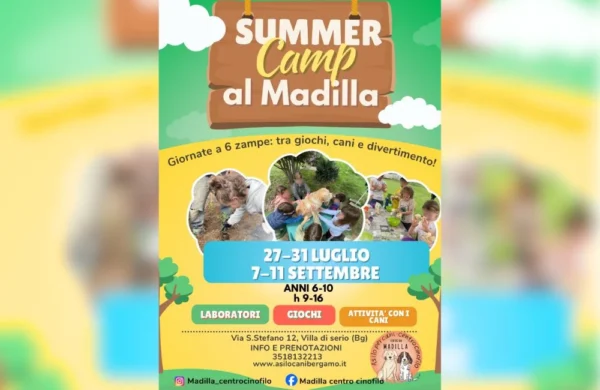 Locandina pubblicitaria dell'evento estivo "Summer Camp al Madilla" organizzato dal Centro Cinofilo Madilla. L'immagine mostra un collage di foto di alcuni bambini sfelici con un cane Golden Retriever. Il poster include il titolo dell'evento, la date di luglio e settembre, icone descrittive delle attività ludiche e di apprendimento, e il logo di Madilla.