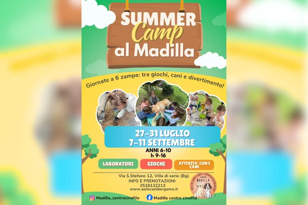 Locandina pubblicitaria dell'evento estivo "Summer Camp al Madilla" organizzato dal Centro Cinofilo Madilla. L'immagine mostra un collage di foto di alcuni bambini sfelici con un cane Golden Retriever. Il poster include il titolo dell'evento, la date di luglio e settembre, icone descrittive delle attività ludiche e di apprendimento, e il logo di Madilla.
