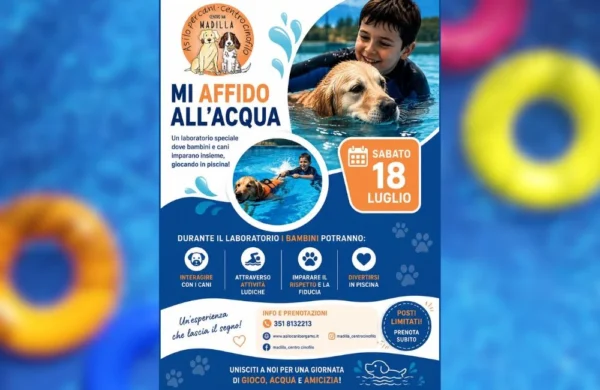 Locandina pubblicitaria dell'evento estivo "Mi Affido all'Acqua" organizzato dal Centro Cinofilo Madilla. L'immagine mostra una foto di un bambino sorridente in piscina con un cane Golden Retriever che nuota. Il poster include il titolo dell'evento, la data di sabato 18 luglio, icone descrittive delle attività ludiche e di apprendimento, e il logo di Madilla.